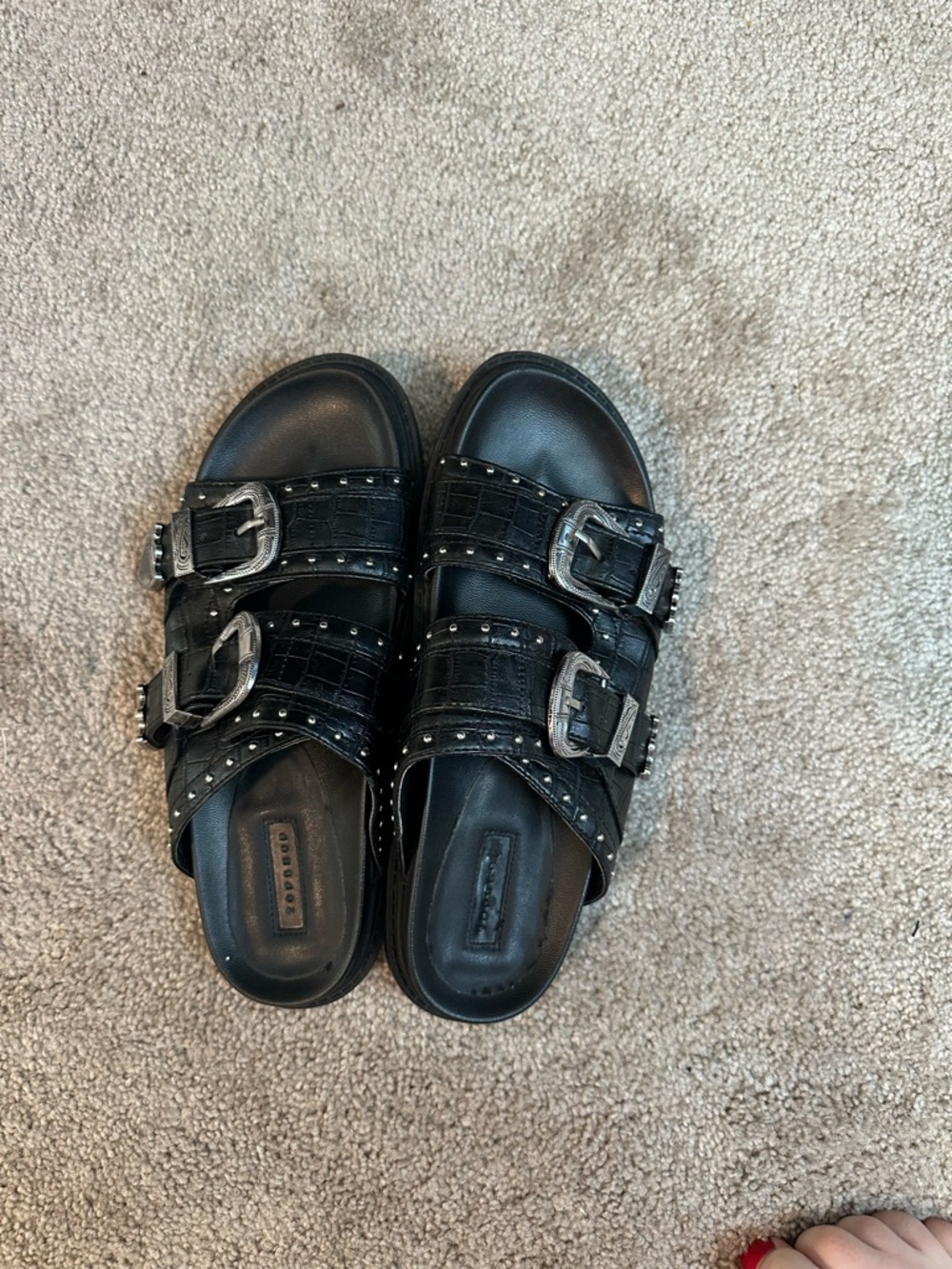 Topshop Black Studded Double Buckle Slide Sandals